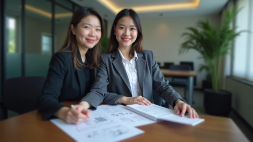 Professional real estate agent in office showing property documents to client at desk