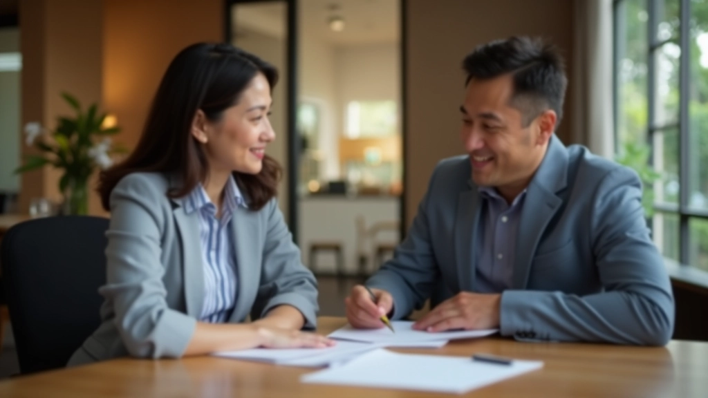 Real estate agent and client reviewing property details and market analysis in professional meeting