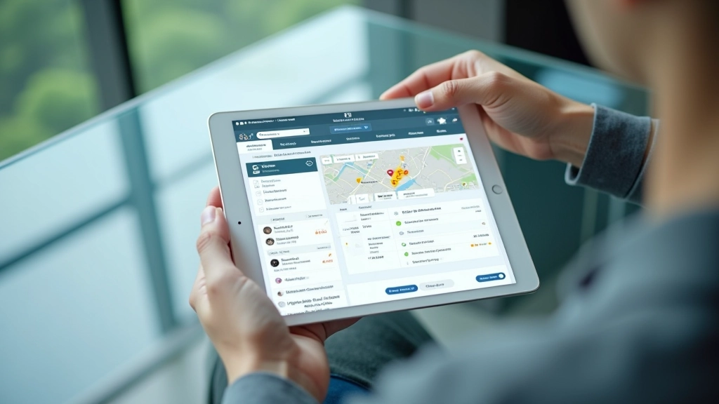 Tablet showing property listings and map interface with agent notes and client feedback ratings